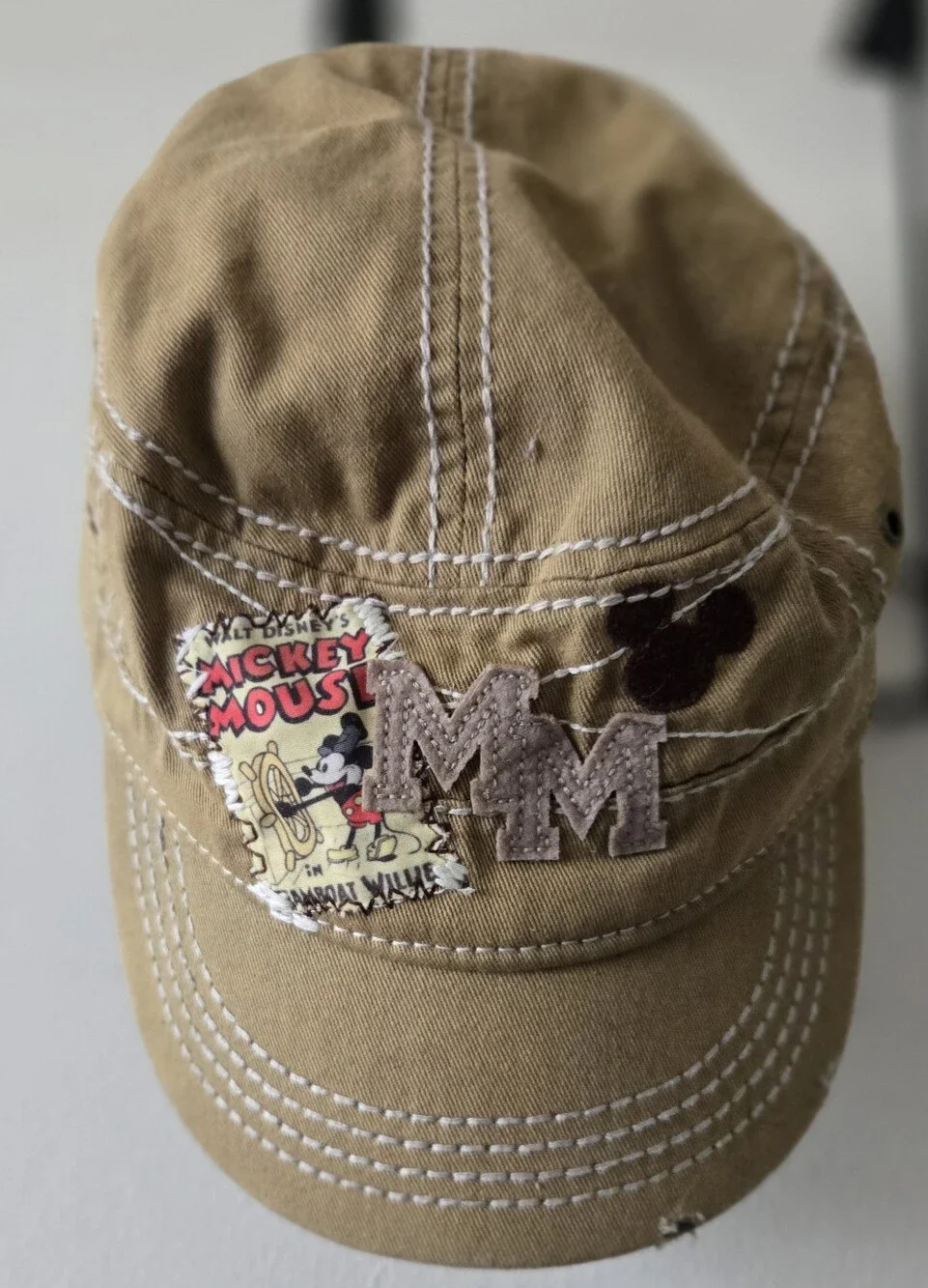 Disney Mickey Mouse Olive Green Millitary Style Hat Cap with White Stitching